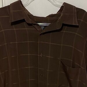 J Ferrar Mens‎ Button Front Shirt 3XLT Brown Plaid Dress Casual Relaxed Vacation